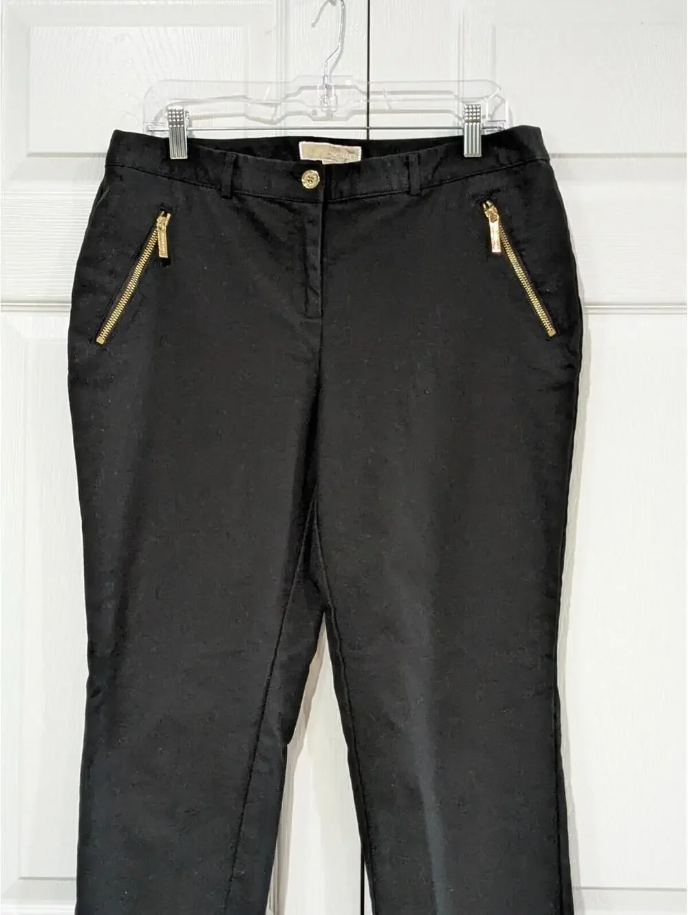 Michael Kors Women's Chino Pants Gold Zipper Pockets Black Size 12, Cotton Blend
